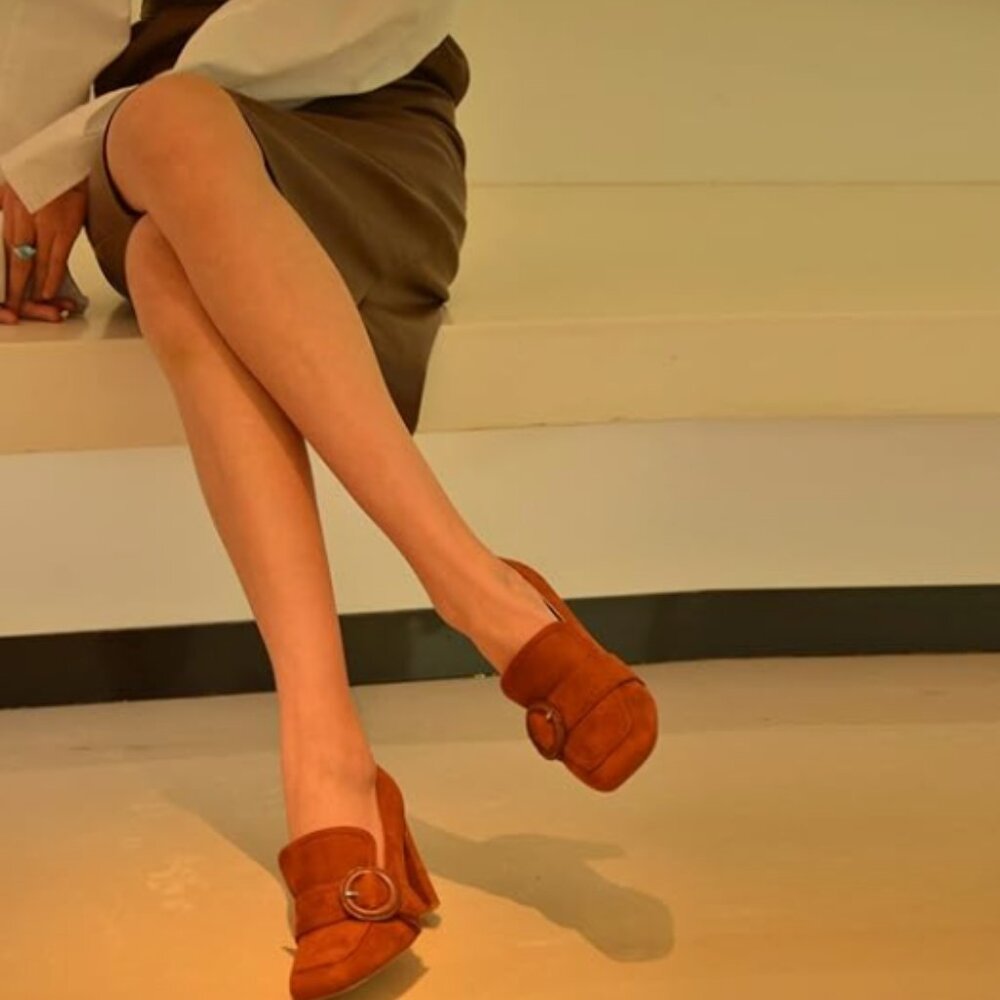 Ydn Brown Chunky High Heels Square Toe Loafer Shoes Buckle Suede Office Pump